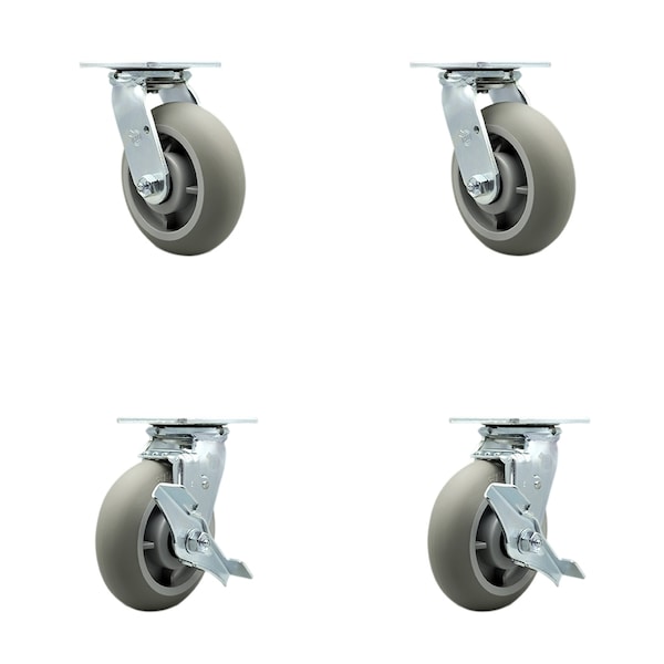 6 Inch Thermoplastic Rubber Swivel Caster Set with Roller Bearings 2 Brakes SCC